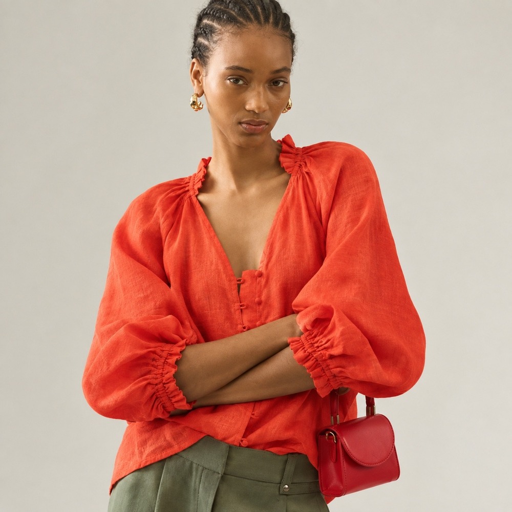 Maeve Anthropologie Audie Linen Puff Sleeve Blouse Orange Red Small OB1702291